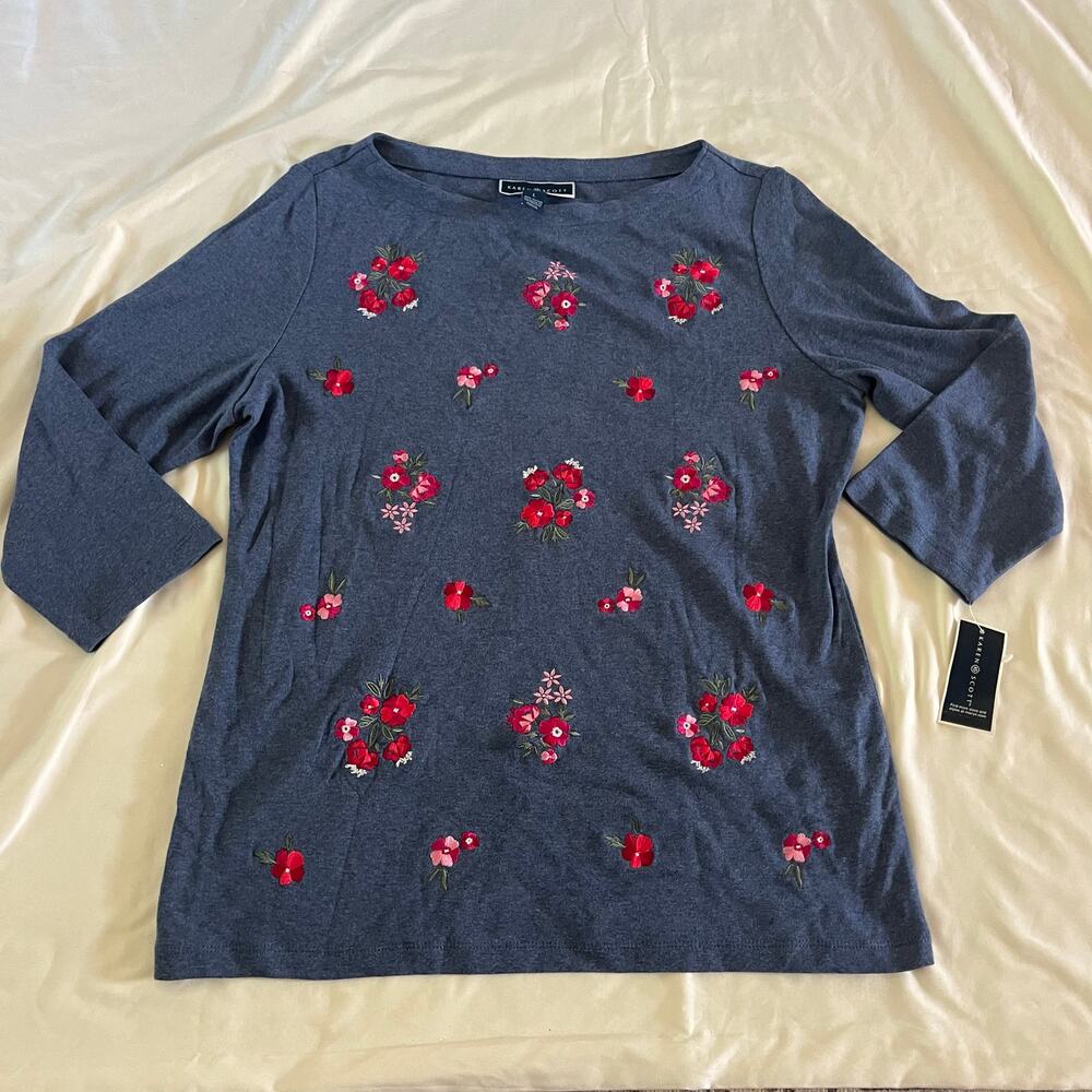 NWT Blue Floral Embroidered Long Sleeve T Shirt Blouse Sz L Cottagecore